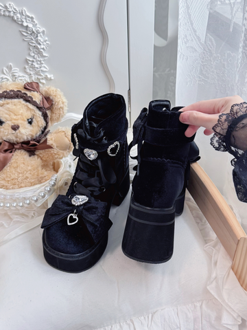 【受注予約】［靴］地雷系 量産型 ビジューリボンミドルブーツ【LBJE84】