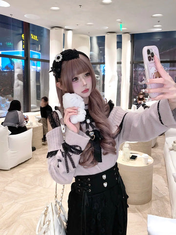 ［ファッション］地雷系 レース オープンショルダーセーター【绮愿】