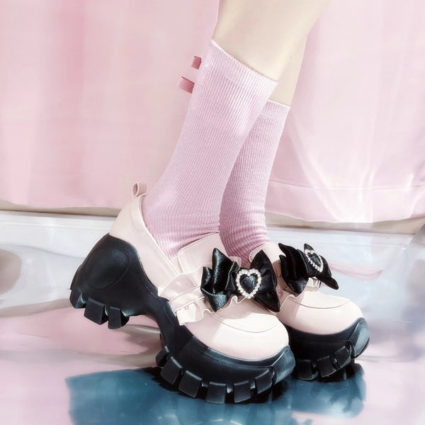 ［靴］地雷系 量産型 姫 リボン パンプス シューズ【ピンク 