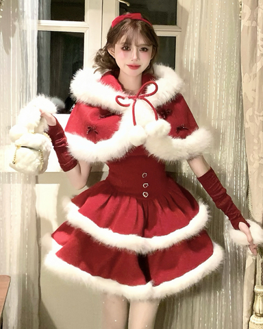 ［ファッション］レッドベルベットケーキファーコート キャミワンピース【73K3LD】