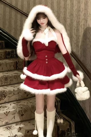 ［ファッション］レッドベルベットケーキファーコート キャミワンピース【73K3LD】