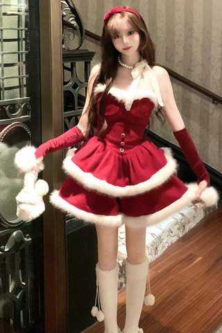 ［ファッション］レッドベルベットケーキファーコート キャミワンピース【73K3LD】