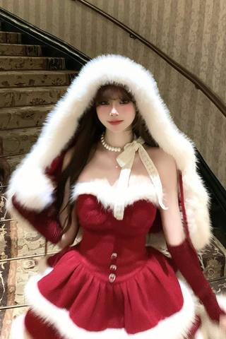 ［ファッション］レッドベルベットケーキファーコート キャミワンピース【73K3LD】