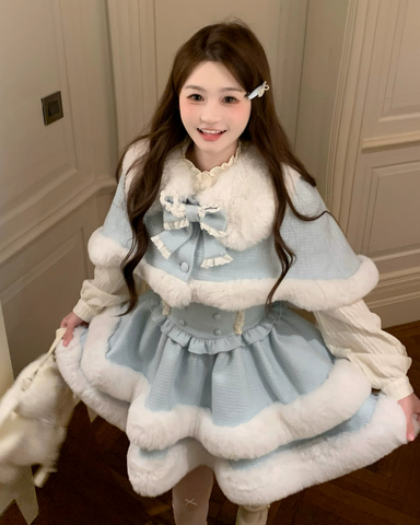 ［ファッション］ライトブルーファーカラーケープ+サスペンダースカート+シャツ【7RXHB6】