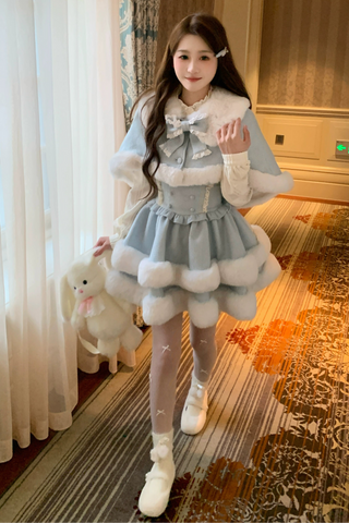 ［ファッション］ライトブルーファーカラーケープ+サスペンダースカート+シャツ【7RXHB6】