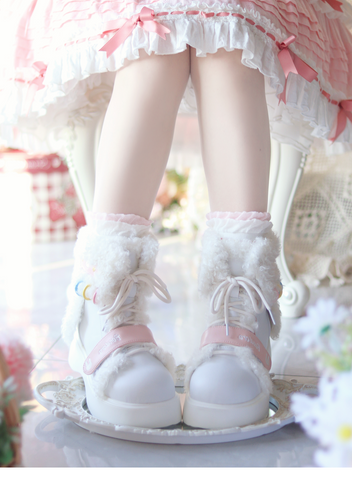 ［靴］ロリータ ファー ラウンドトゥ ショートブーツ【Q811JV】