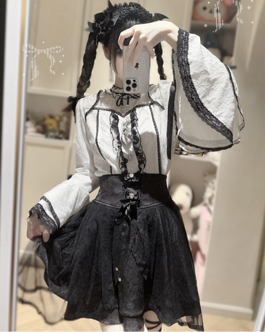 ［ファッション］地雷系 レースフレアスリーブブラウス+スカート【蚀月姬】