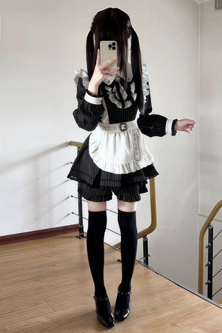 ［ファッション］地雷系 長袖 メイド ワンピース+パンツ セットアップ【堕天使】