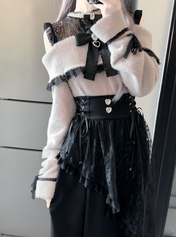 ［ファッション］地雷系 レース オープンショルダーセーター【绮愿】