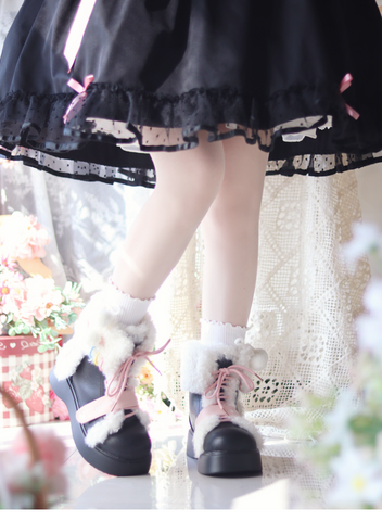 ［靴］ロリータ ファー ラウンドトゥ ショートブーツ【Q811JV】