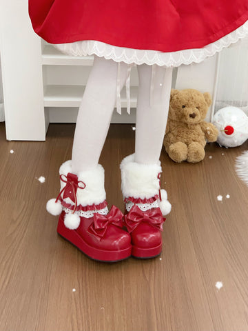 ［靴］ロリータ ラウンドトゥ ファー ショートブーツ【ZDPA35】