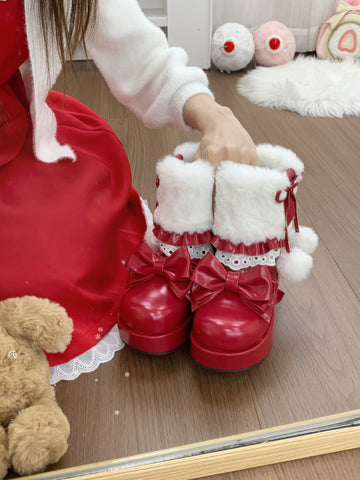 ［靴］ロリータ ラウンドトゥ ファー ショートブーツ【ZDPA35】