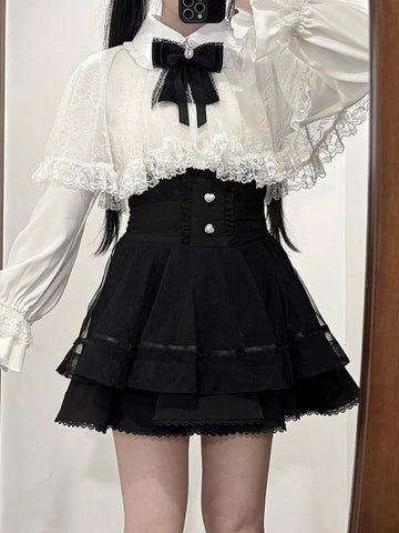 ［ファッション］S-4L 地雷系 レース ケープブラウス+スカート【CA9ASZ】