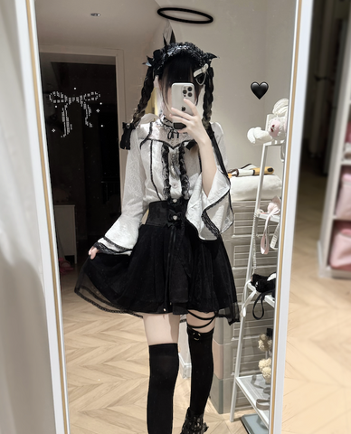 ［ファッション］地雷系 レースフレアスリーブブラウス+スカート【蚀月姬】