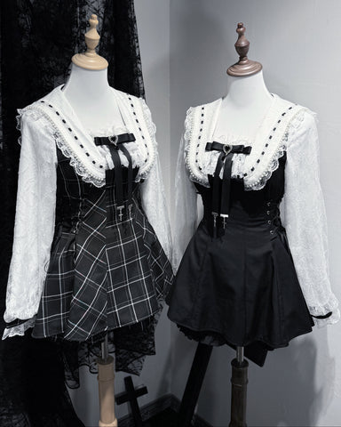 ［ファッション］地雷系 チェック レース ワンピース【4KHVSR】