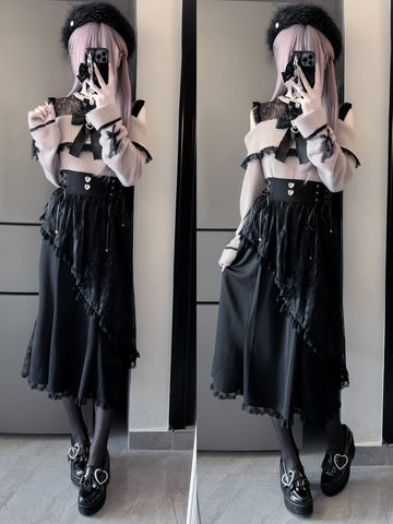 ［ファッション］地雷系 レース オープンショルダーセーター【绮愿】