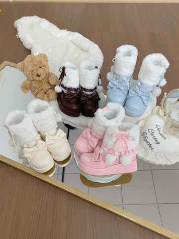 ［靴］ロリータ ラウンドトゥ ファー ショートブーツ【ZDPA35】