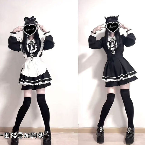 ［ファッション］地雷系 長袖 メイド ワンピース+パンツ セットアップ【堕天使】