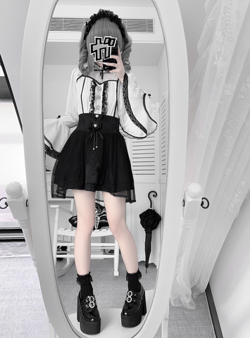 ［ファッション］地雷系 レースフレアスリーブブラウス+スカート【蚀月姬】