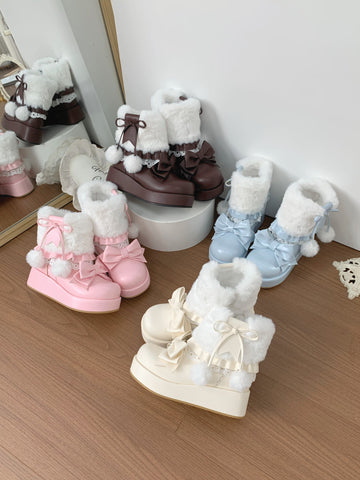 ［靴］ロリータ ラウンドトゥ ファー ショートブーツ【ZDPA35】