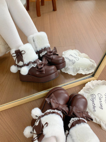［靴］ロリータ ラウンドトゥ ファー ショートブーツ【ZDPA35】