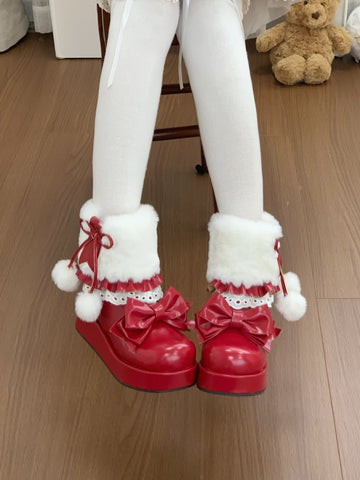 ［靴］ロリータ ラウンドトゥ ファー ショートブーツ【ZDPA35】