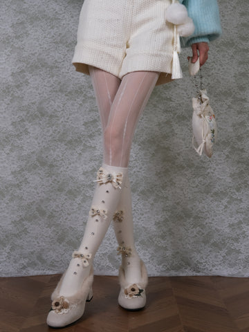 ［ファッション］リボン ビジュー ハイソックス 靴下【DVXD94】