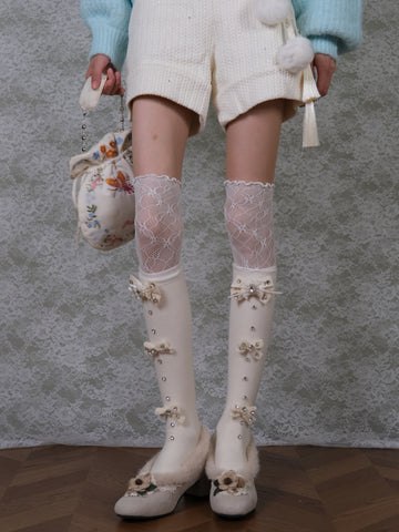 ［ファッション］リボン ビジュー ハイソックス 靴下【DVXD94】