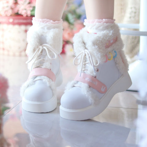 ［靴］ロリータ ファー ラウンドトゥ ショートブーツ【Q811JV】