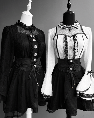 ［ファッション］地雷系 レースフレアスリーブブラウス+スカート【蚀月姬】