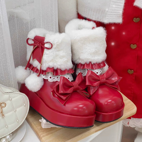 ［靴］ロリータ ラウンドトゥ ファー ショートブーツ【ZDPA35】