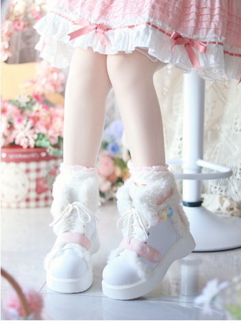 ［靴］ロリータ ファー ラウンドトゥ ショートブーツ【Q811JV】