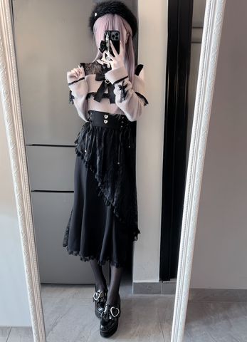 ［ファッション］地雷系 レース オープンショルダーセーター【绮愿】