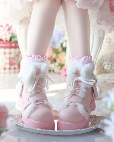 ［靴］ロリータ ファー ラウンドトゥ ショートブーツ【Q811JV】