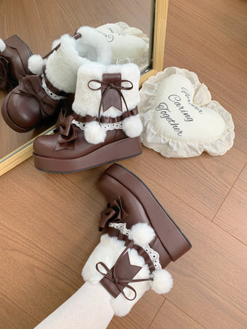 ［靴］ロリータ ラウンドトゥ ファー ショートブーツ【ZDPA35】