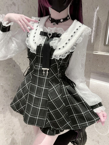 ［ファッション］地雷系 チェック レース ワンピース【4KHVSR】