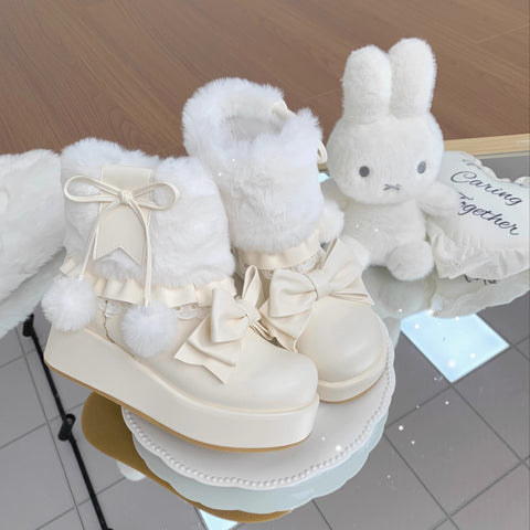［靴］ロリータ ラウンドトゥ ファー ショートブーツ【ZDPA35】