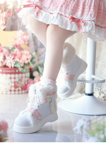 ［靴］ロリータ ファー ラウンドトゥ ショートブーツ【Q811JV】