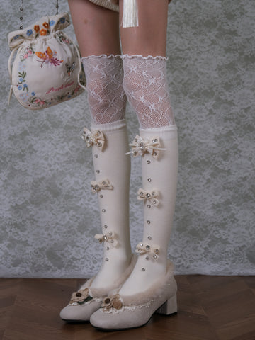 ［ファッション］リボン ビジュー ハイソックス 靴下【DVXD94】