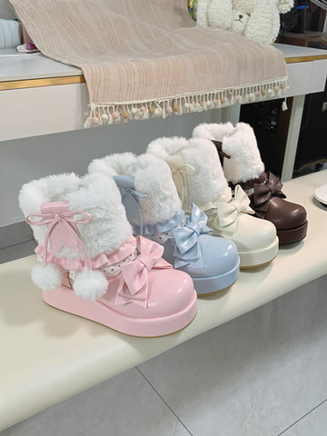 ［靴］ロリータ ラウンドトゥ ファー ショートブーツ【ZDPA35】