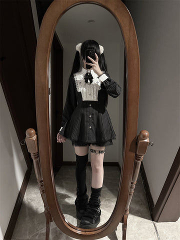 ［ファッション］地雷系 クロスフリルカラーペプラムトップス+パンツ【FK2W38】