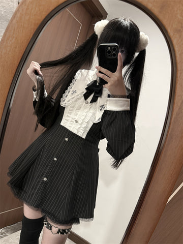 ［ファッション］地雷系 クロスフリルカラーペプラムトップス+パンツ【FK2W38】