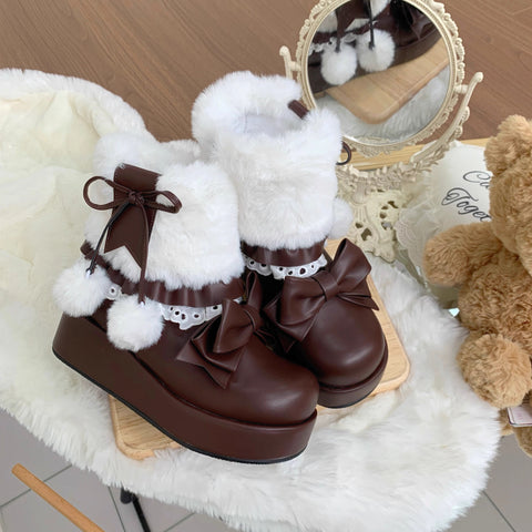 ［靴］ロリータ ラウンドトゥ ファー ショートブーツ【ZDPA35】
