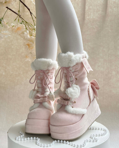 ［靴］ロリータ ラウンドトゥ ポンポン付き 厚底ムートンブーツ【FZJ72Q】