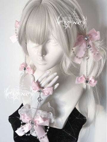 ［ファッション］地雷系 リボンラインストーンチェーン ブレスレット【H6KP1S】