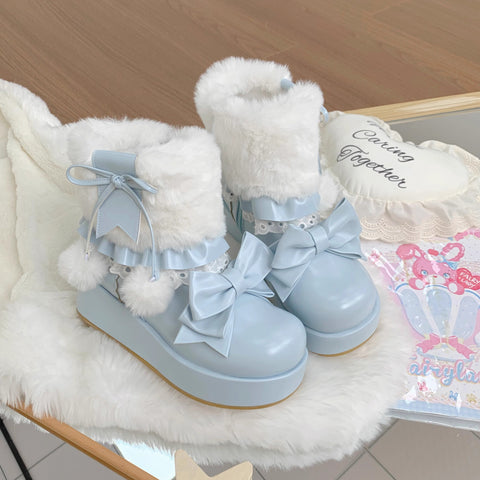 ［靴］ロリータ ラウンドトゥ ファー ショートブーツ【ZDPA35】