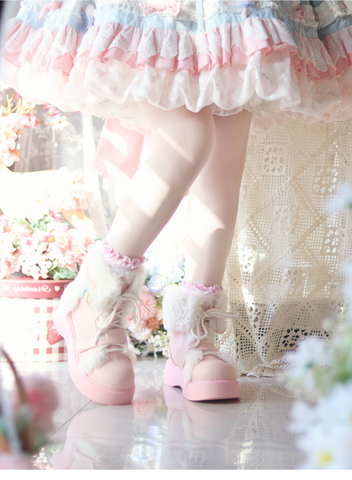 ［靴］ロリータ ファー ラウンドトゥ ショートブーツ【Q811JV】