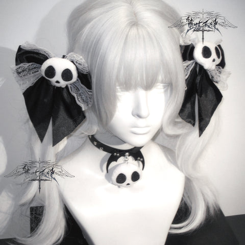 ［ファッション］サブカル スカル リボン ヘアピン チョーカー【T6TH6B】