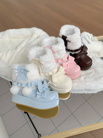 ［靴］ロリータ ラウンドトゥ ファー ショートブーツ【ZDPA35】
