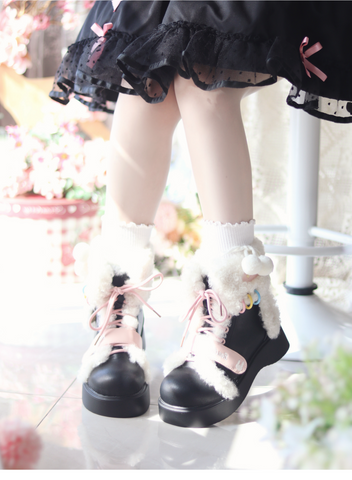 ［靴］ロリータ ファー ラウンドトゥ ショートブーツ【Q811JV】